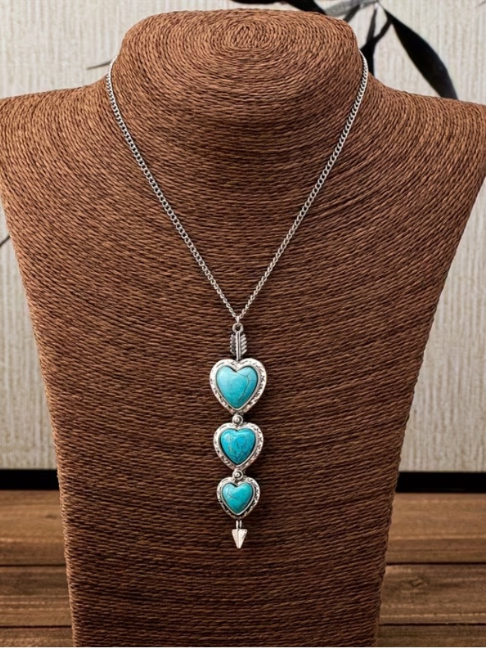 TRIPLE Turquoise Hearts Arrow Western Style Silver Pendant Necklace NIB